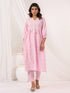 Janasya Women's Pink Pure Cotton Embroidered A line Kurta Pant Set